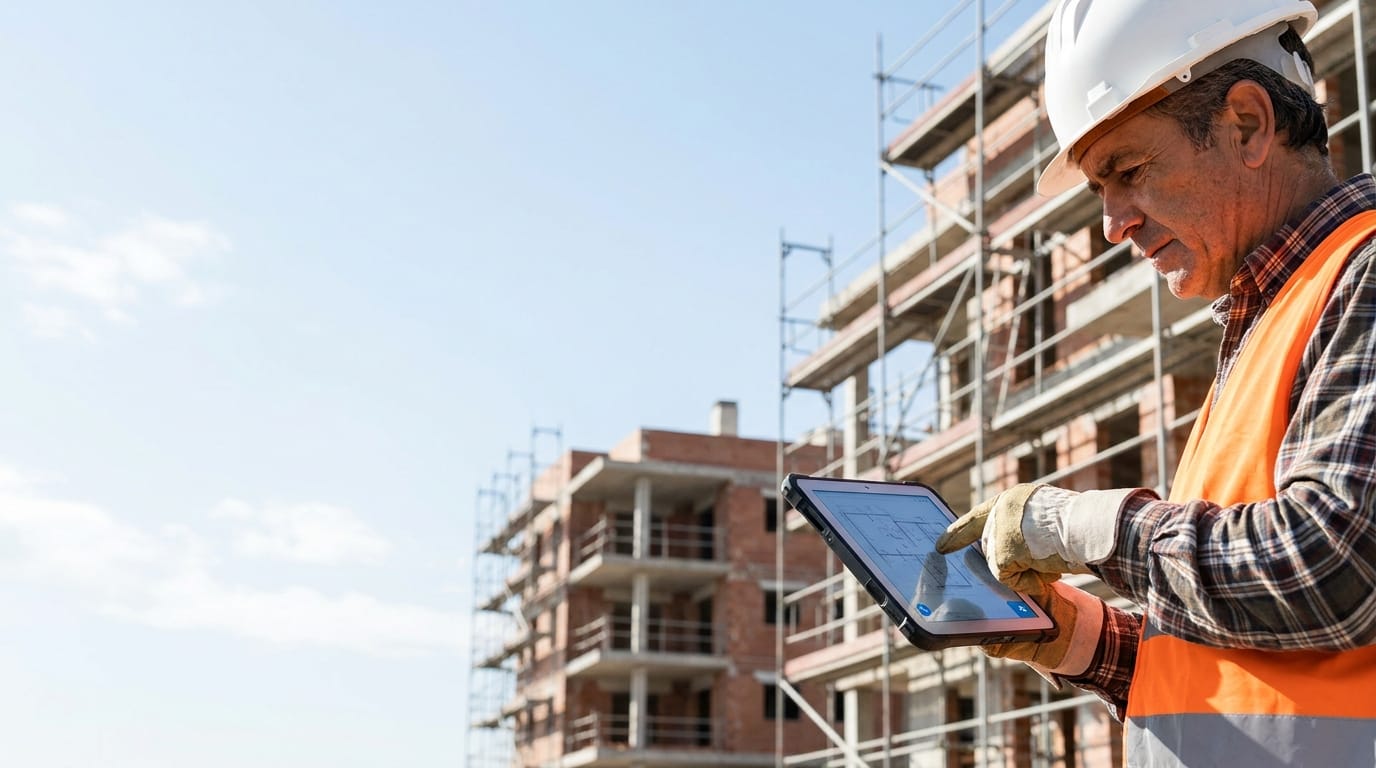 Jefe de obra con casco revisando el proyecto en una tablet en una construcción con Technify
