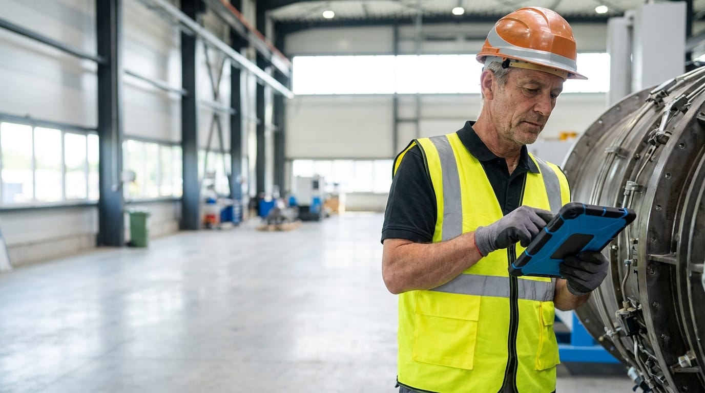 Técnico de mantenimiento industrial inspeccionando maquinaria en planta con Technify