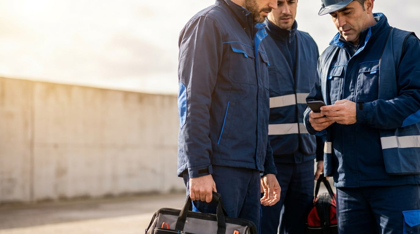 Equipo de técnicos llegando al trabajo y registrando su presencia con Technify