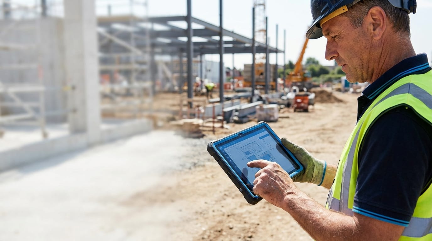 Jefe de obra revisando el avance del proyecto en una tablet con Technify
