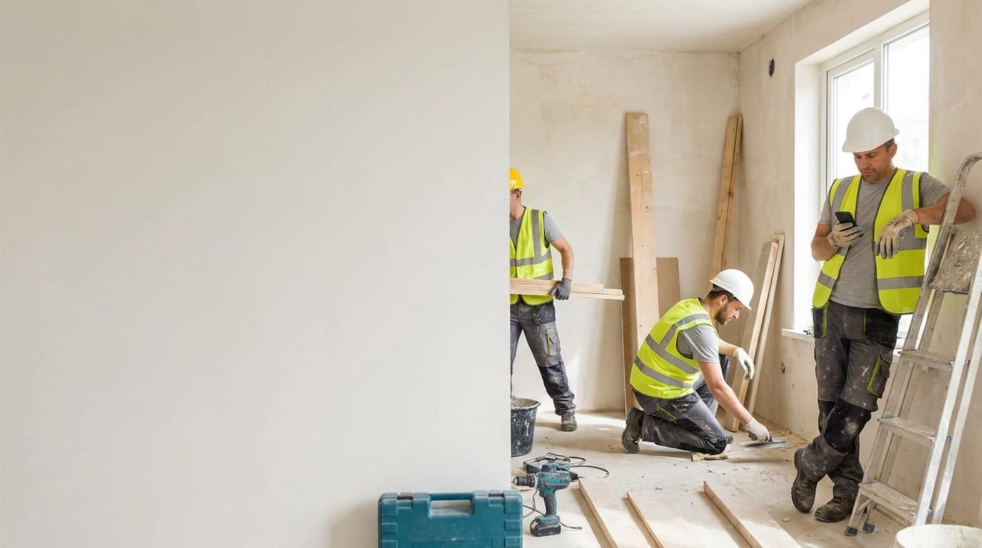 Equipo de reformas trabajando en un piso en obra, gestionado con Technify