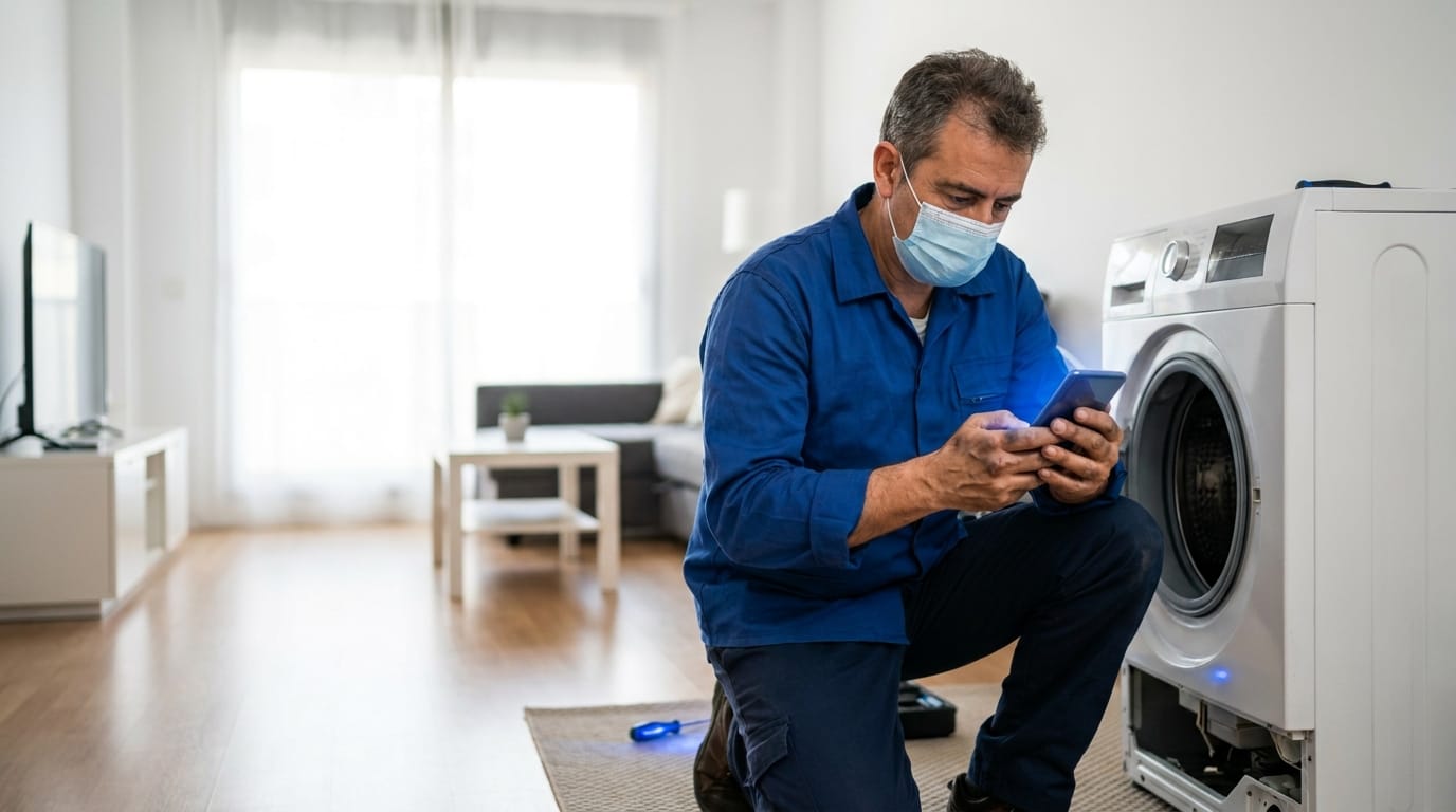Técnico de servicio técnico reparando un electrodoméstico y consultando el aviso en Technify