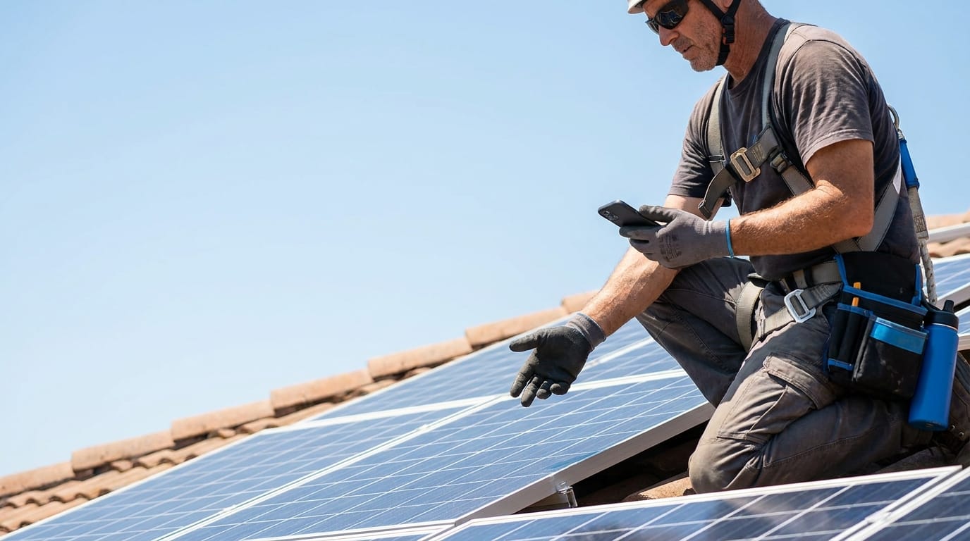 Instalador colocando placas solares en un tejado y registrando la instalación con Technify