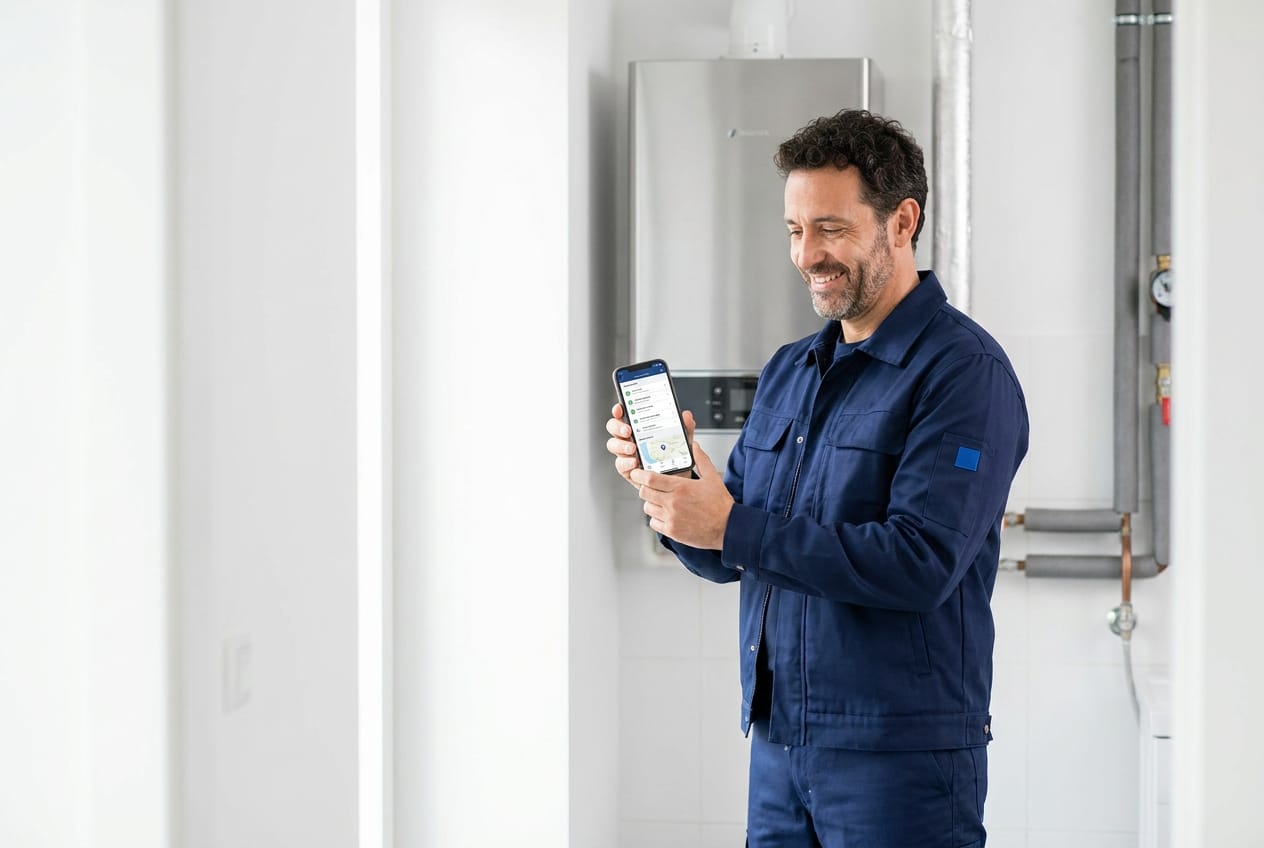 Técnico consultando la app de Technify en el móvil durante un servicio